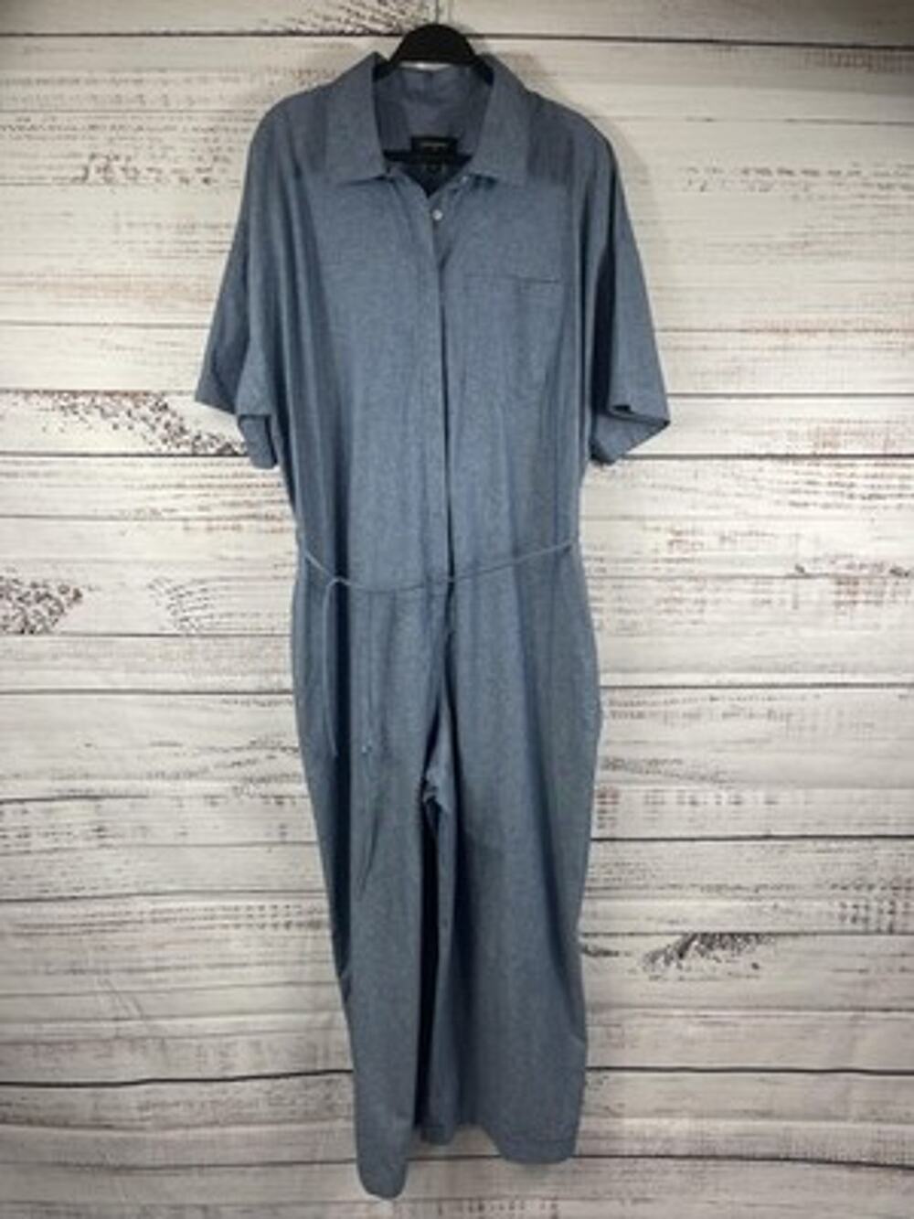 Banana Republic Jumpsuit Womens 18 Blue Chambray Short Sleeve Collared Pockets